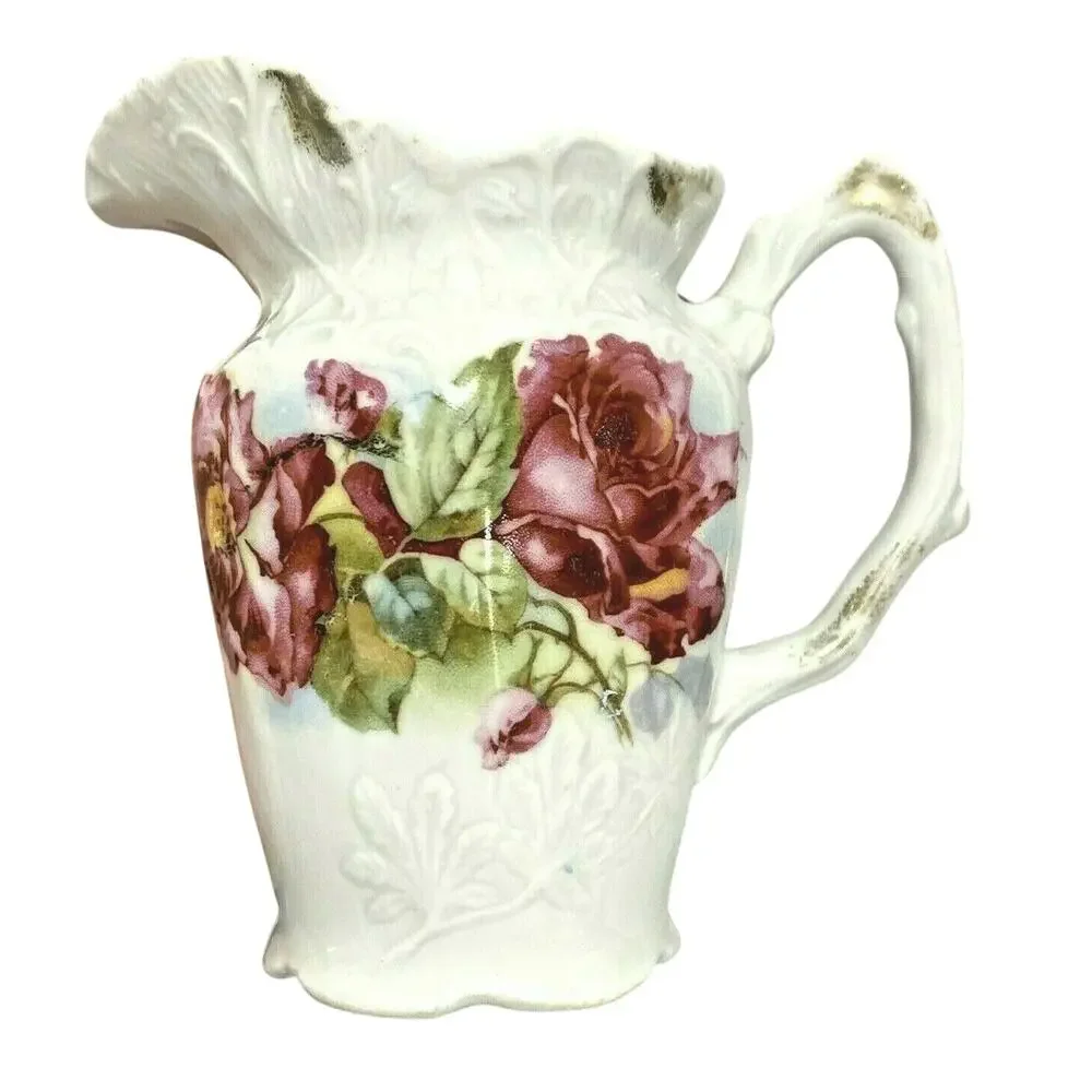 Vintage Creamer Cottage Farmhouse Decor Art Nouveau porcelain pink & red flowers